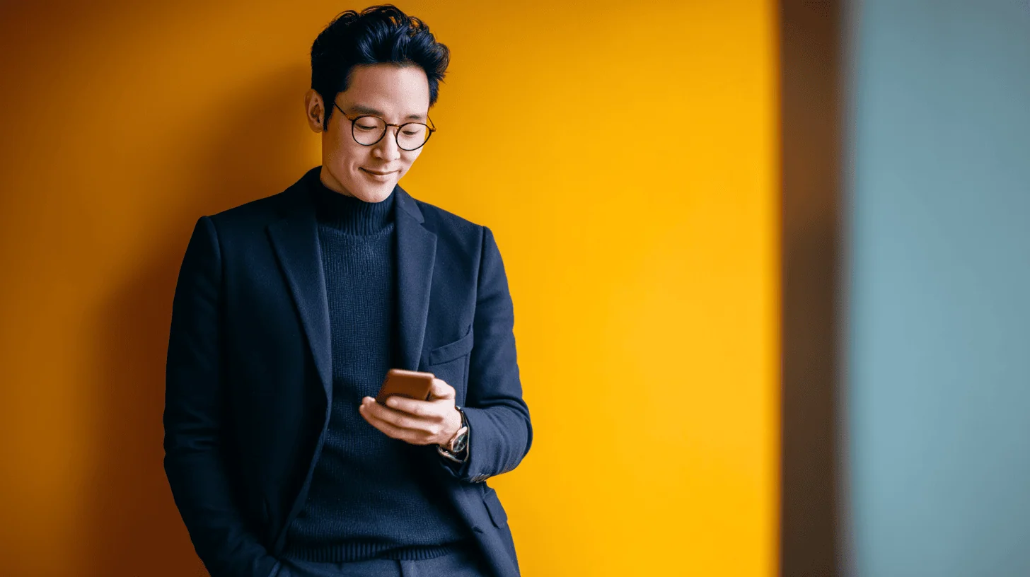 Man in suit using smartphone against wall.