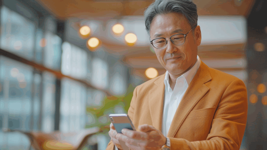 a man in a brown jacket looking at a cellphone