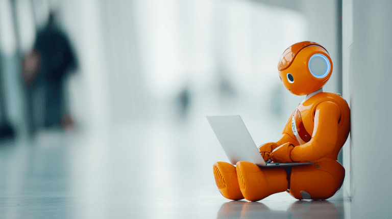 Orange robot using a laptop.