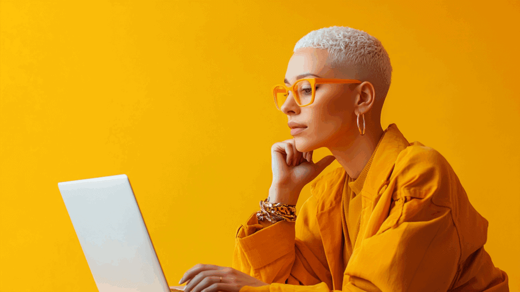 a woman with short white hair and yellow glasses
