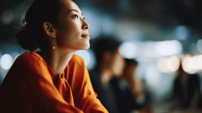 Thoughtful woman in a professional setting.