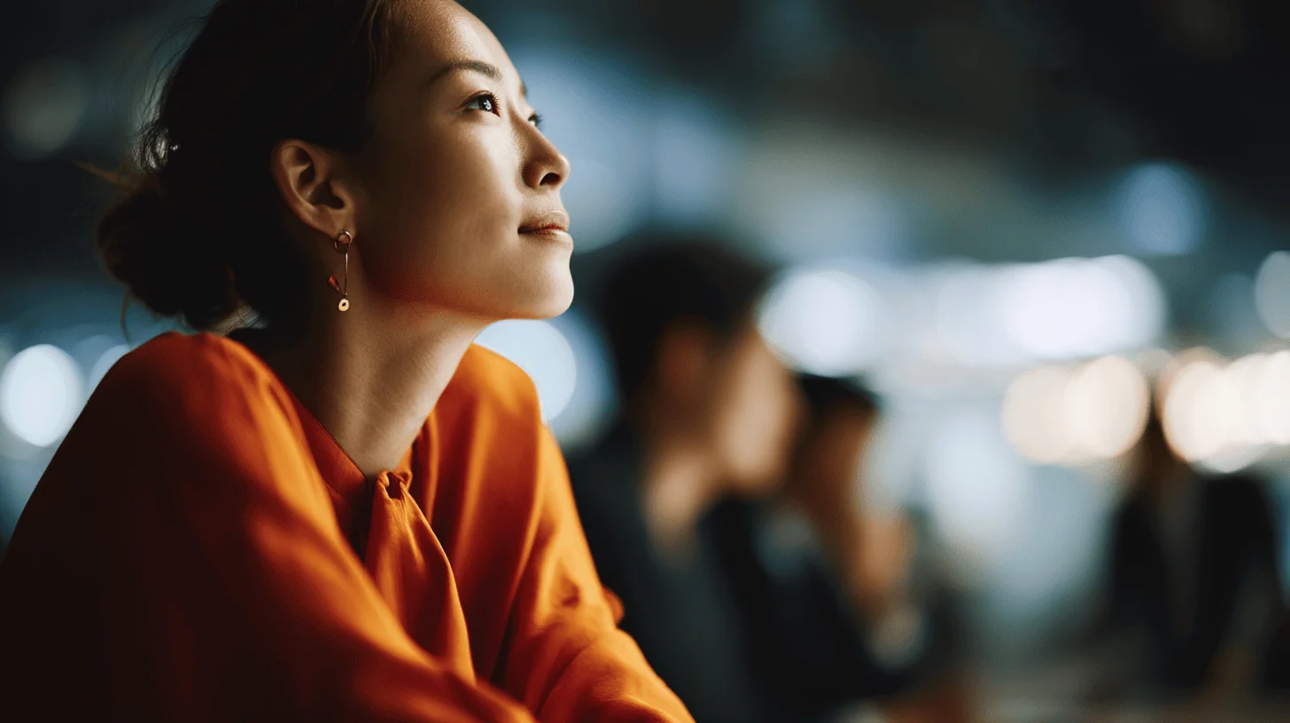 Thoughtful woman in a professional setting.
