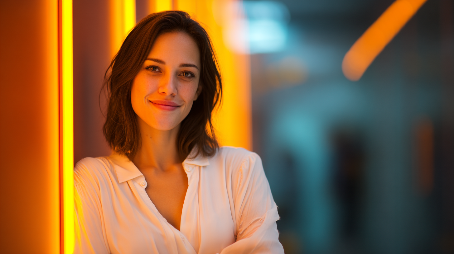 Professional woman in white shirt, neon background.