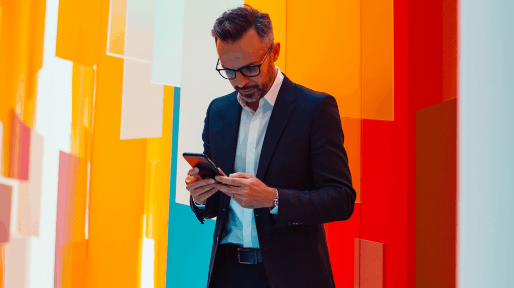 a man in a suit looking at a cellphone