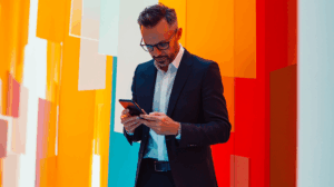 a man in a suit looking at a cellphone