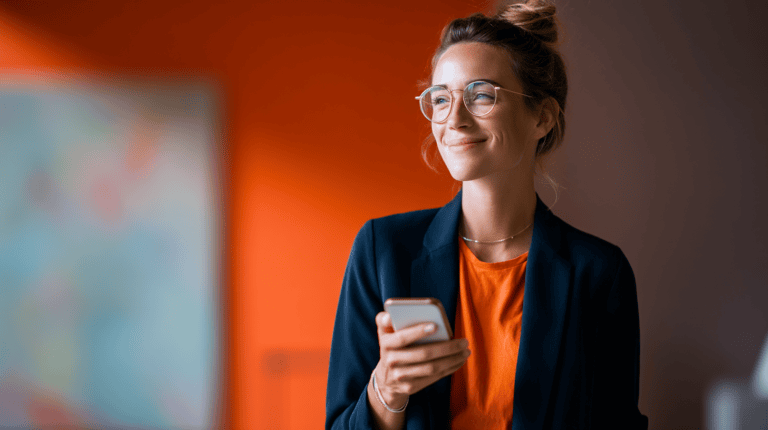 Smiling woman holding smartphone, bright background.