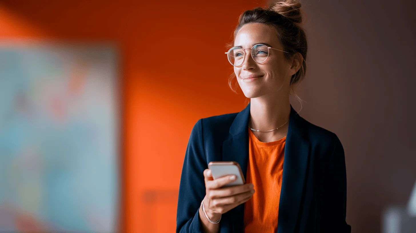 Smiling woman holding smartphone, bright background.