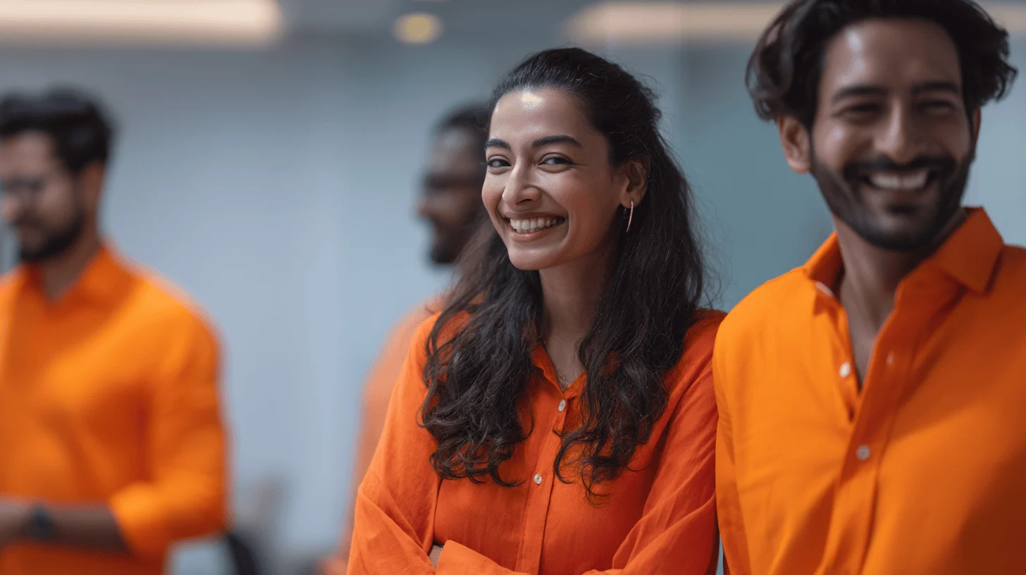 People wearing orange shirts in office.