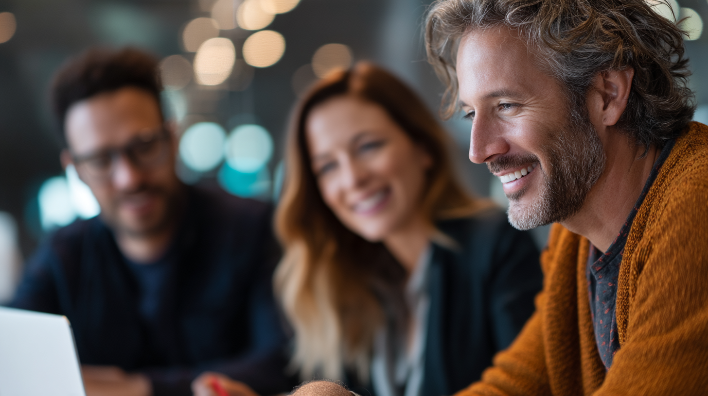 Three colleagues collaborating and smiling.