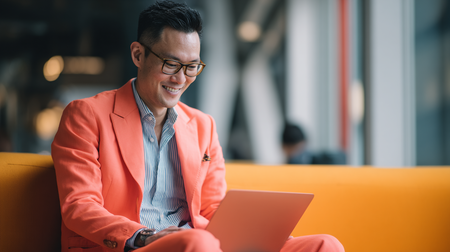 Man in orange suit using laptop.