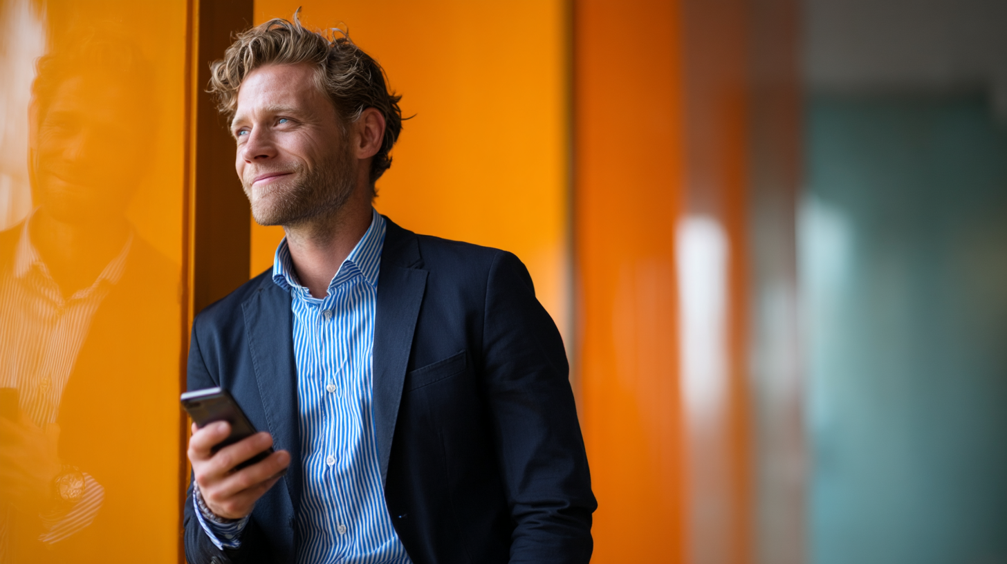 Man in suit using mobile phone.