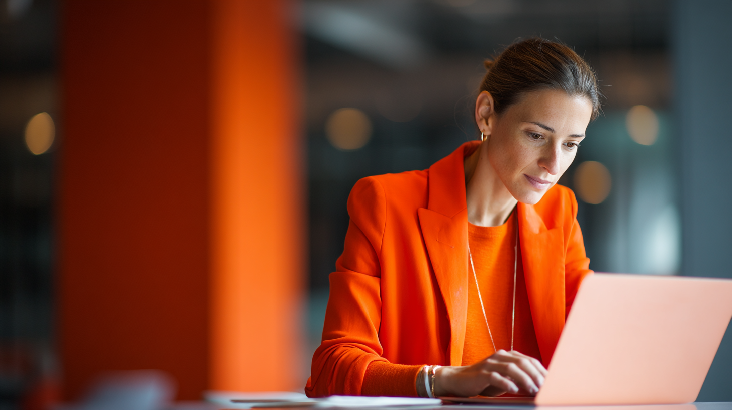 Woman in orange outfit using laptop.