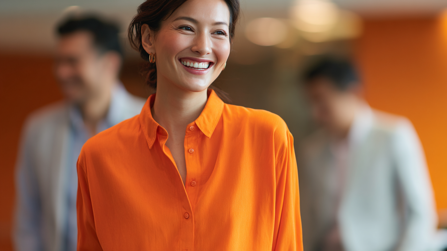 A smiling office worker together with colleagues in a contemporary workspace