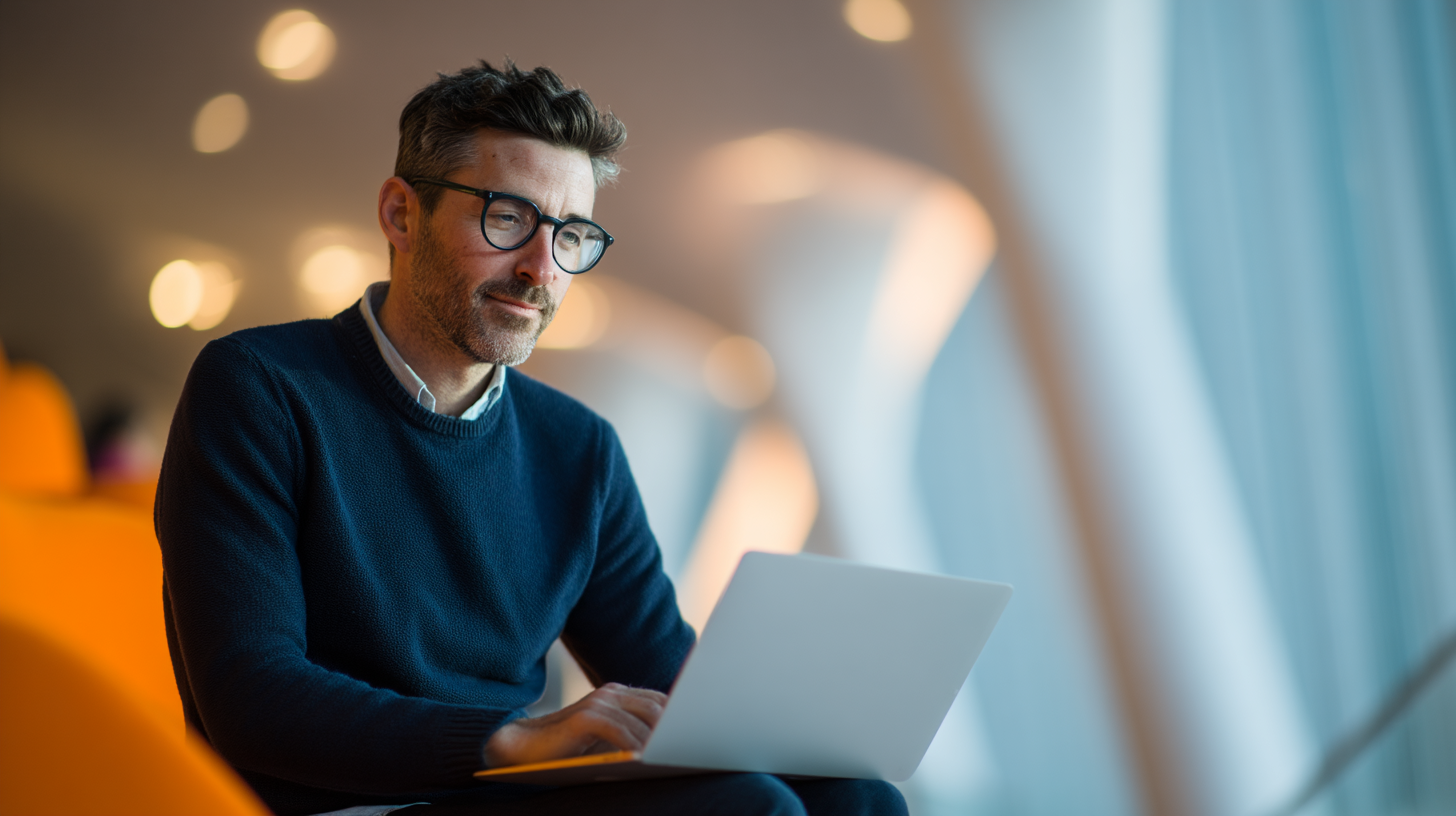 Man working on laptop in modern setting.