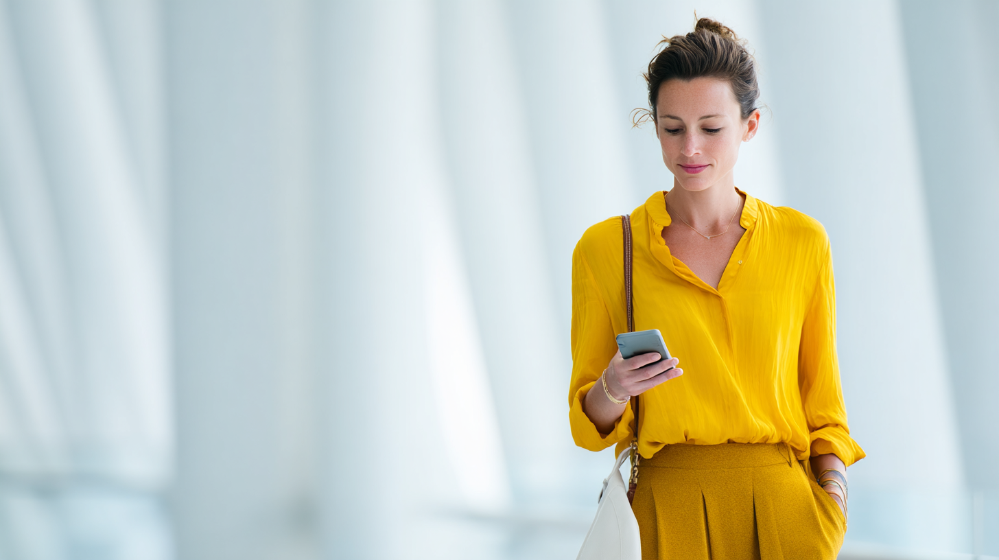Woman in yellow outfit holding phone.