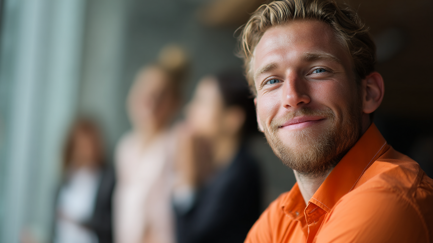 Smiling man in orange shirt, blurred background