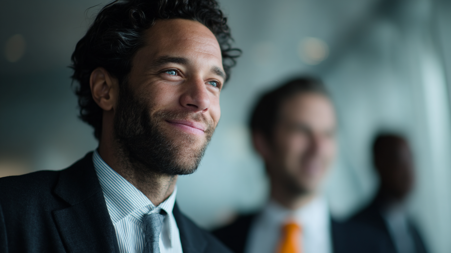 Two men in business attire indoors.