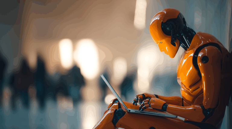 Orange robot working on a laptop.