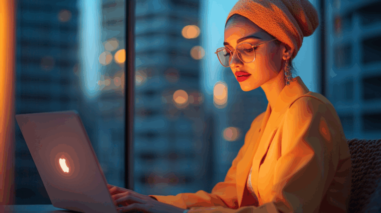 a woman in orange suit and glasses using a laptop