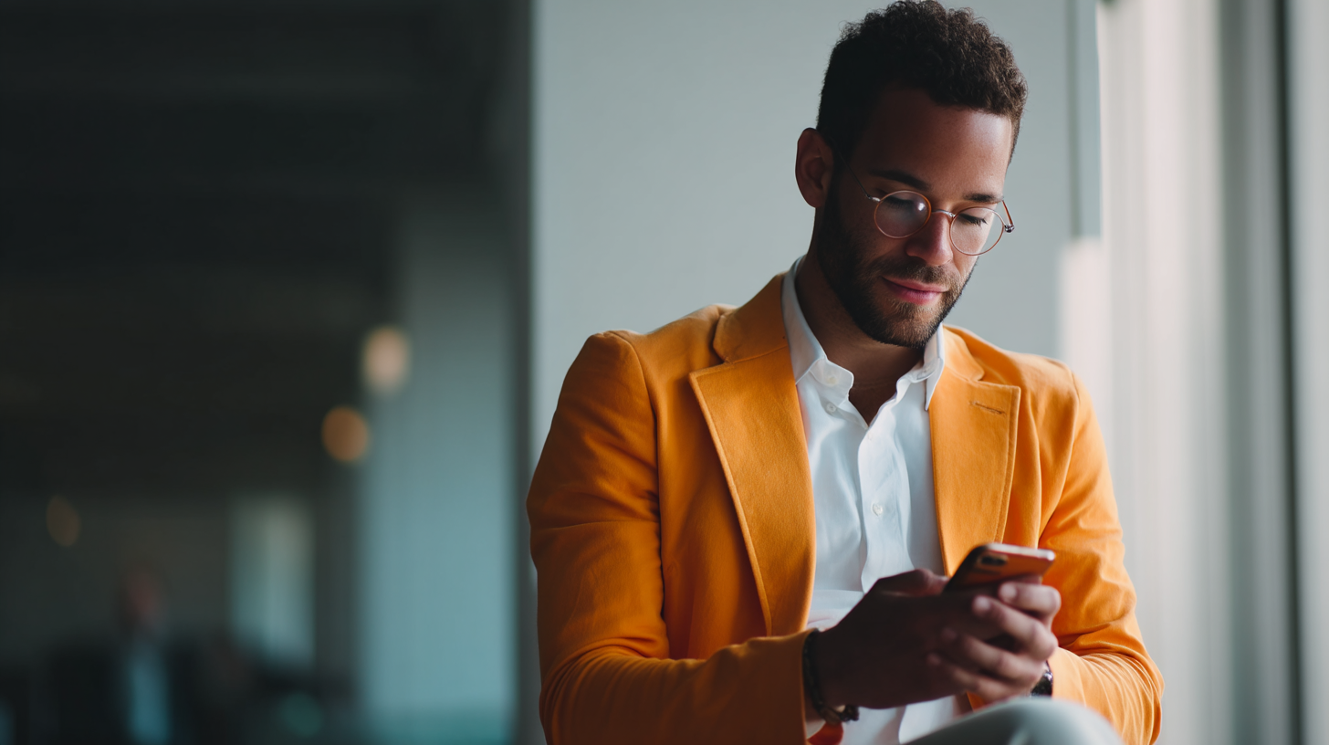 Man in orange jacket using smartphone.