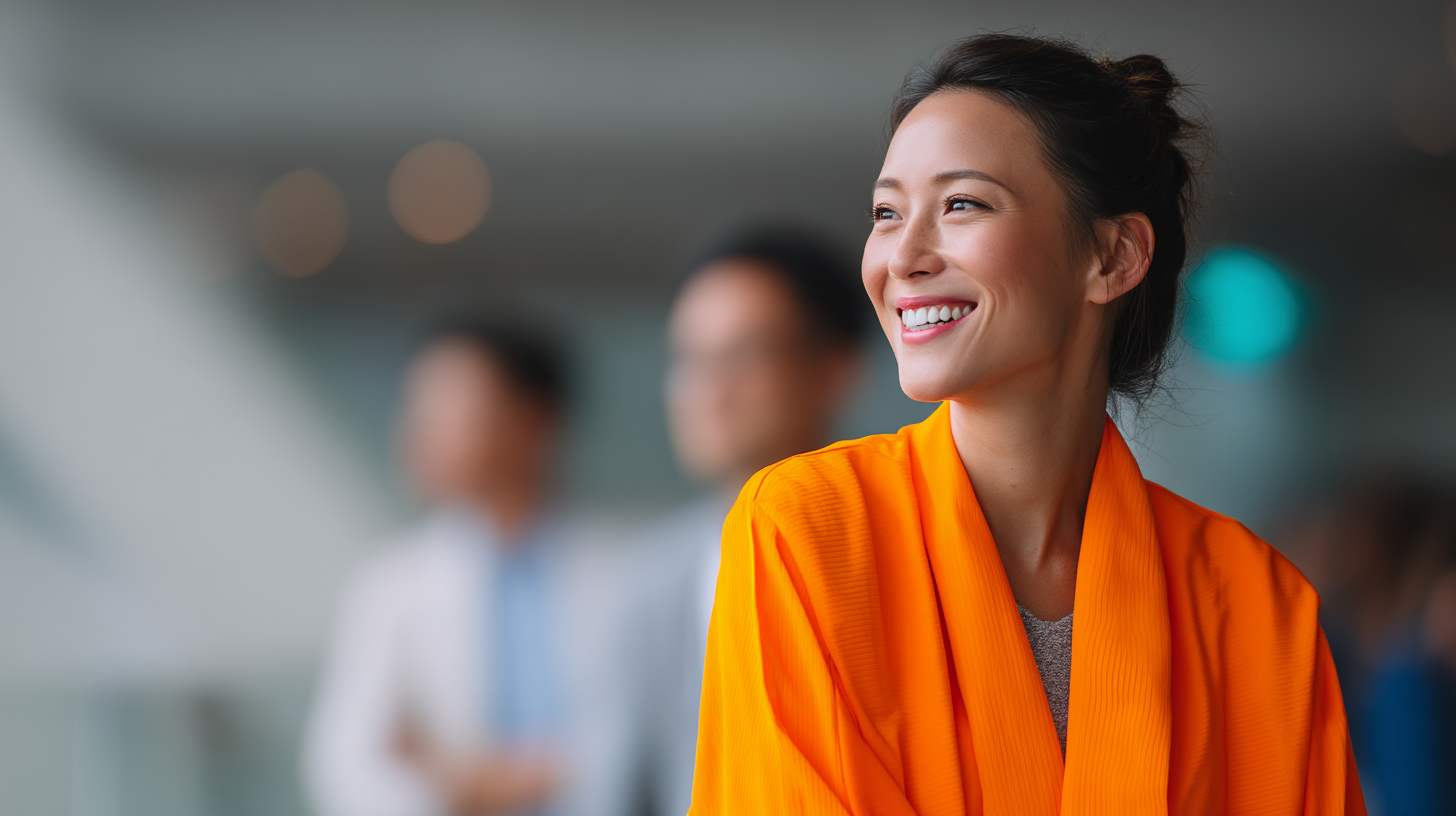 Smiling woman in bright orange attire.