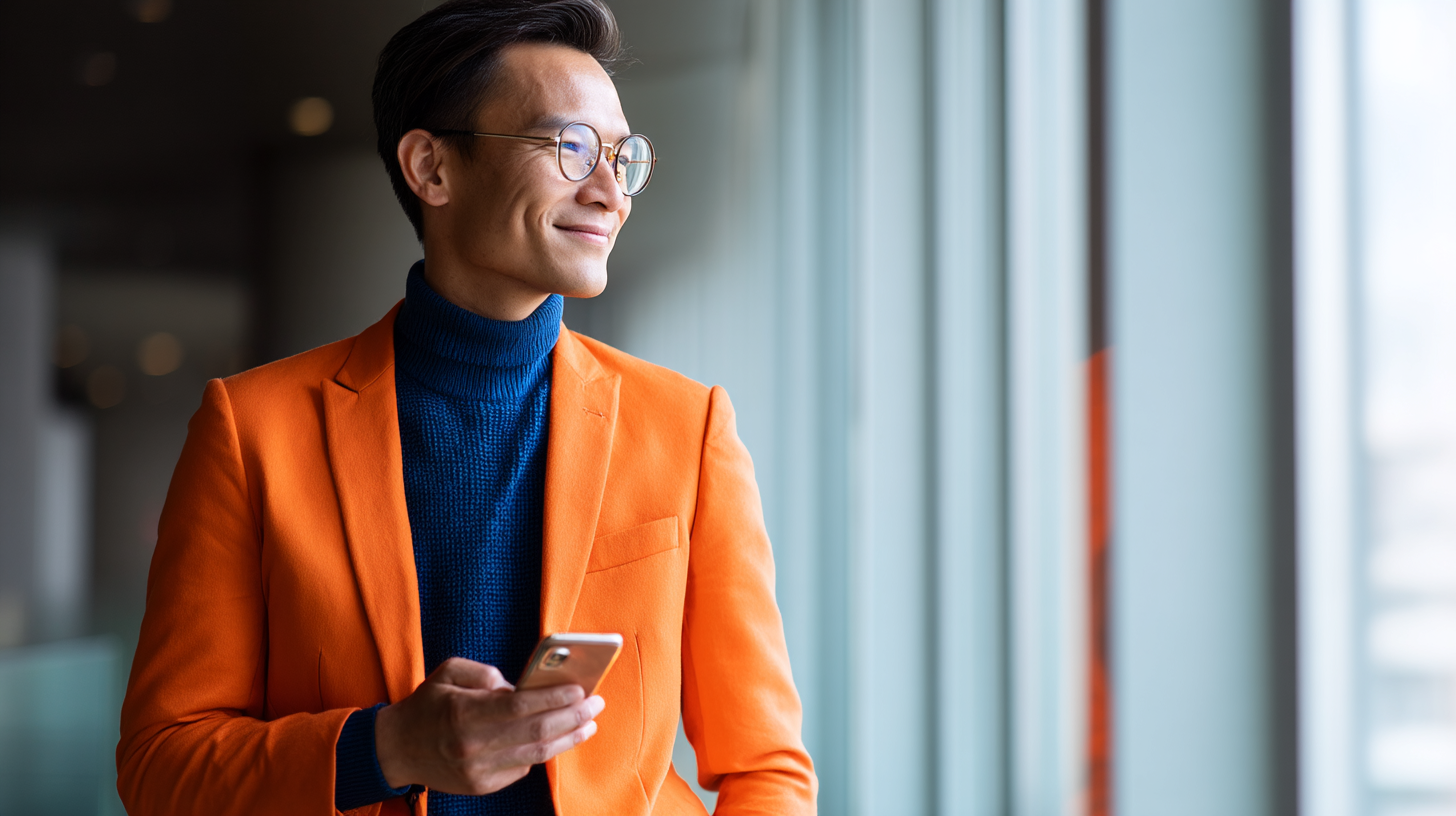 Man in orange jacket using smartphone.