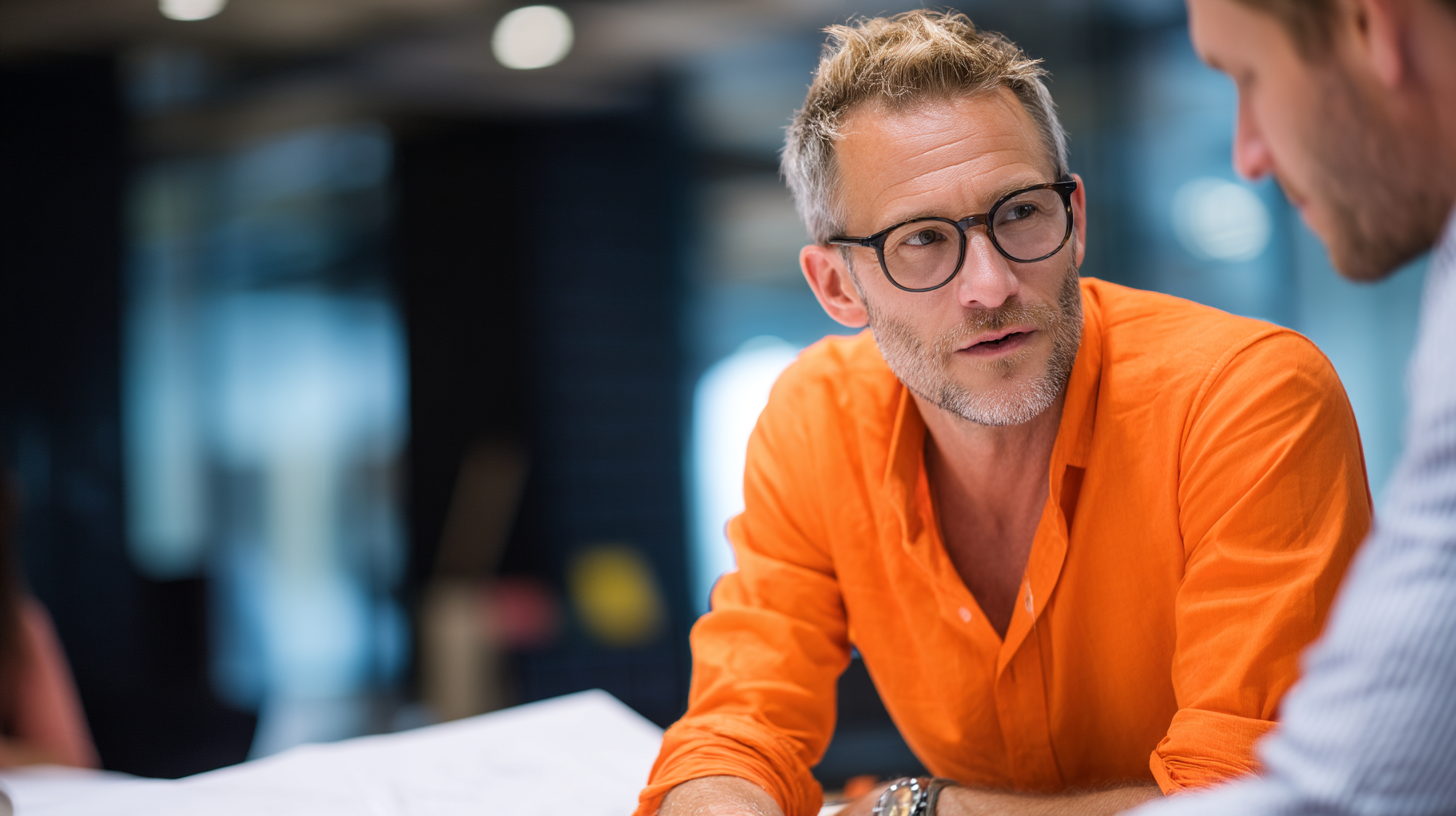 Two men discussing in a modern office.