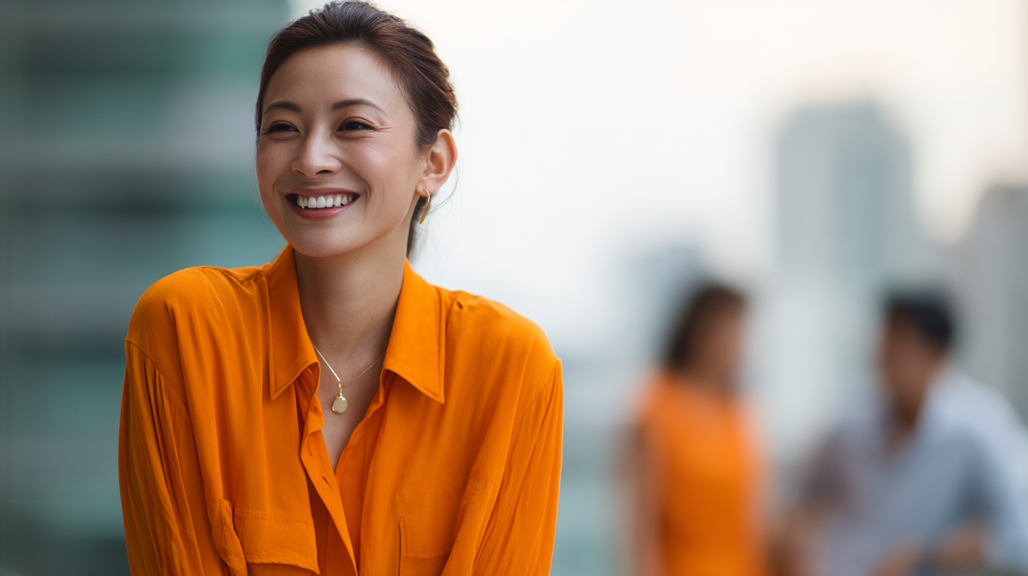Woman in orange shirt, urban background.