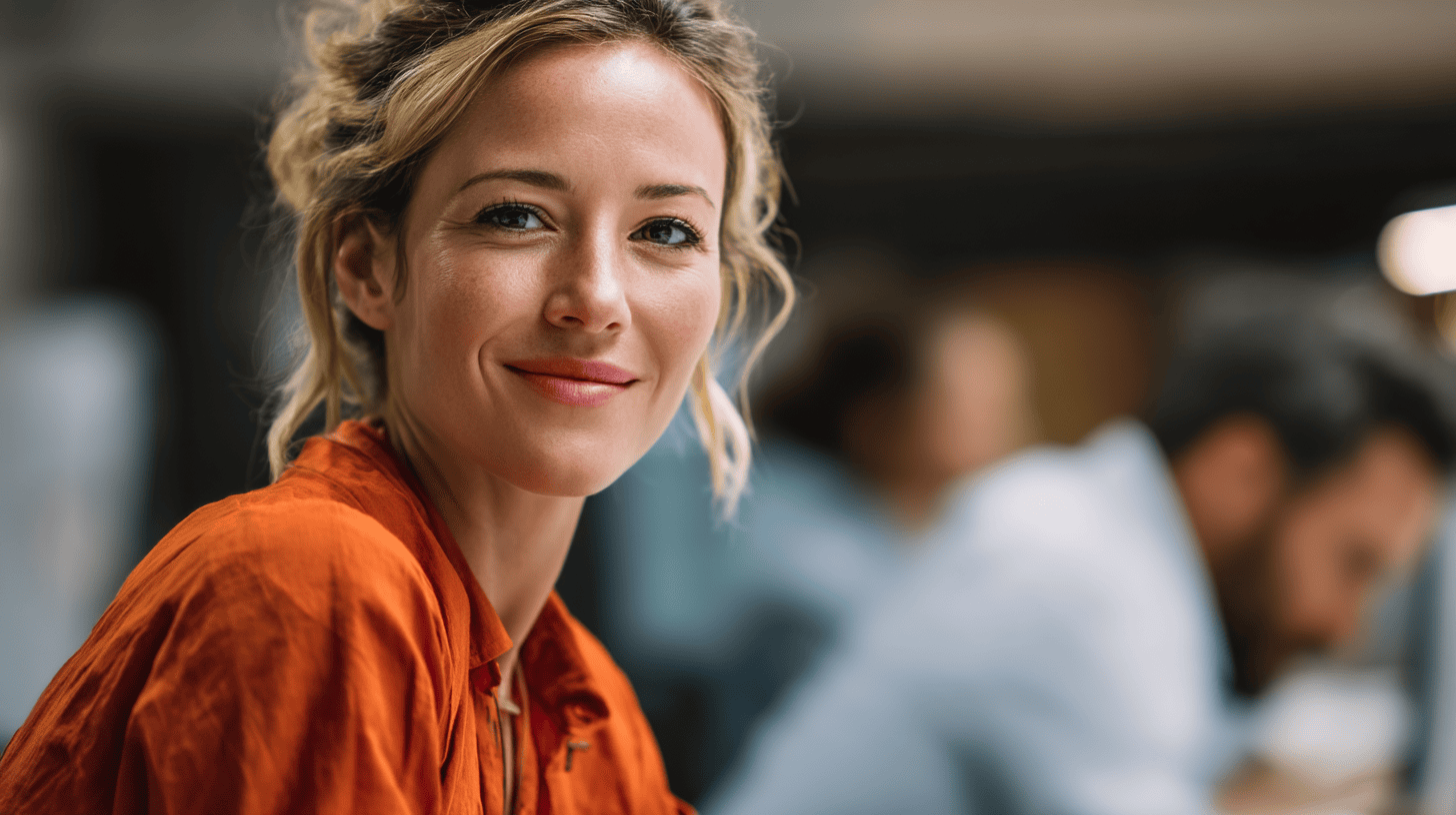 Smiling woman wearing an orange shirt, looking at the camera in a professional setting with blurred colleagues in the background