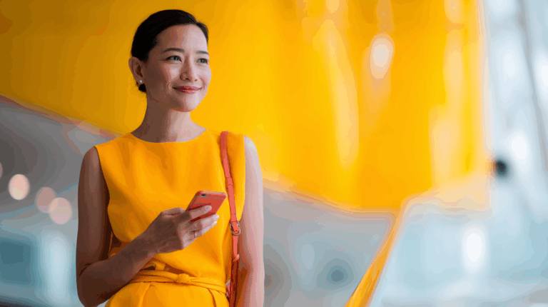 Asian woman in yellow dress holding cell phone.