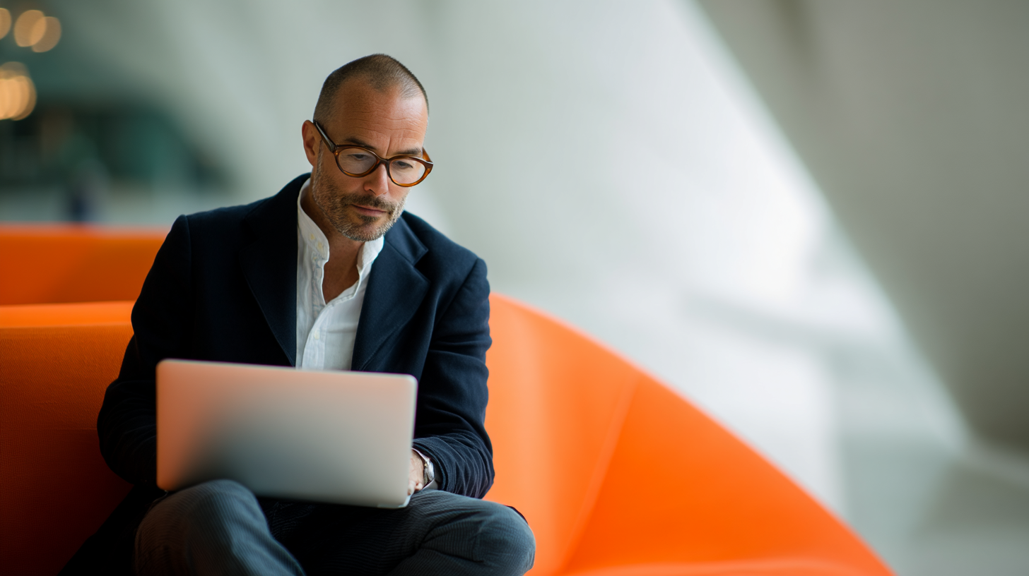 A male executive checking his laptop for latest reports on AI Search brand visibility