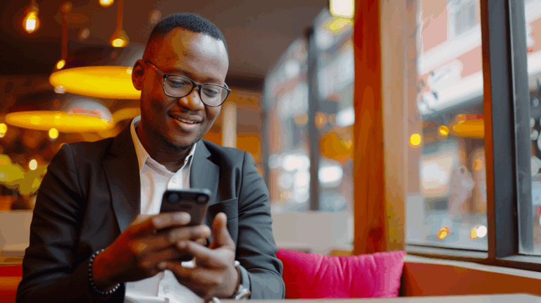 a man in a suit looking at a phone