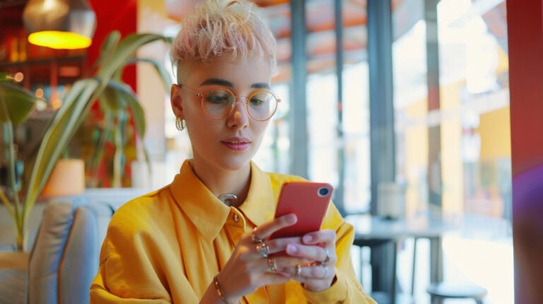 a woman holding a phone