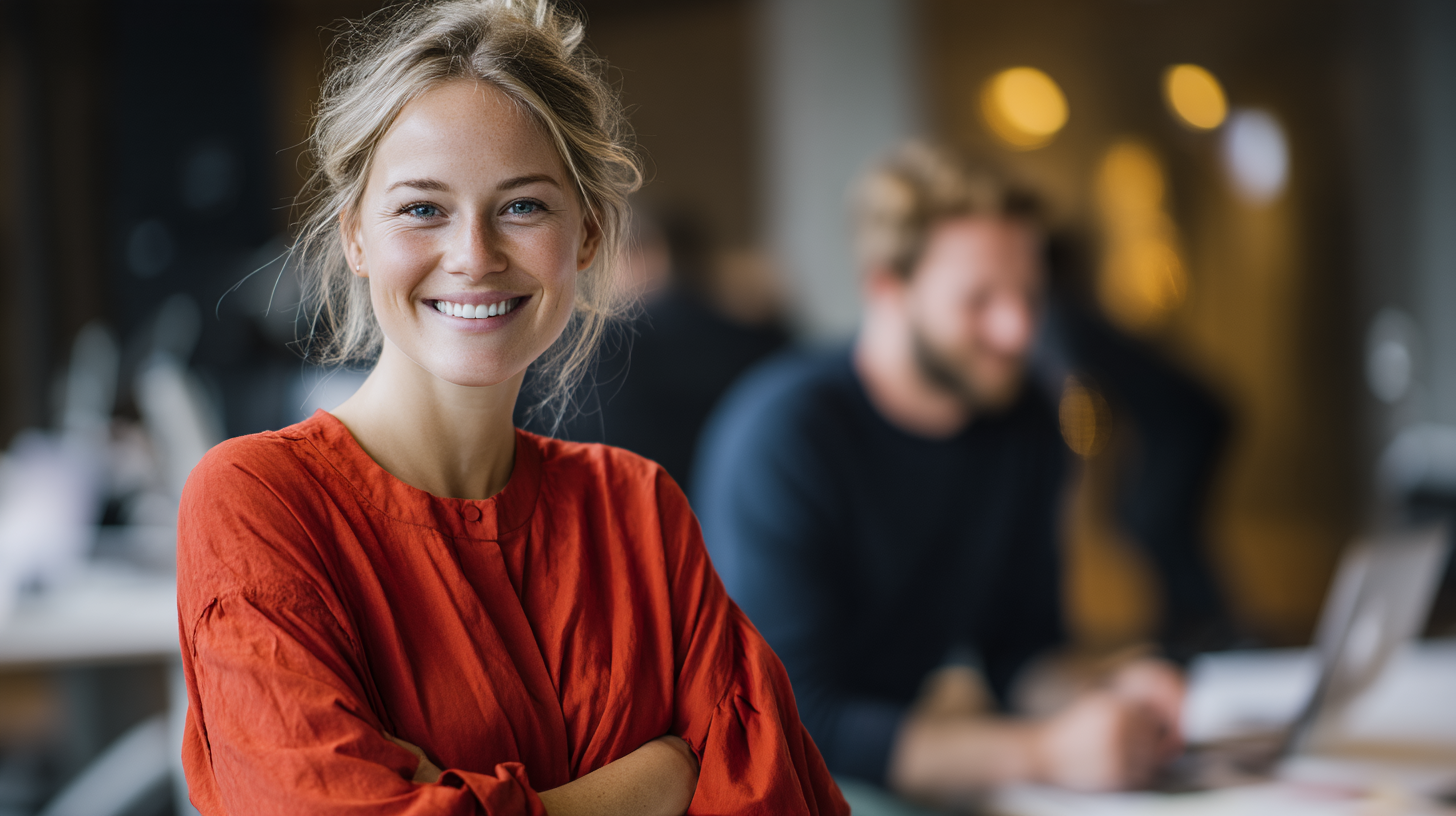 Smiling woman in a workspace setting.