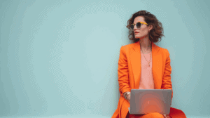 A woman in an orange suit sitting on a blue wall with a laptop.