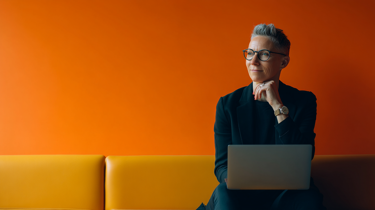 Person with laptop against orange background