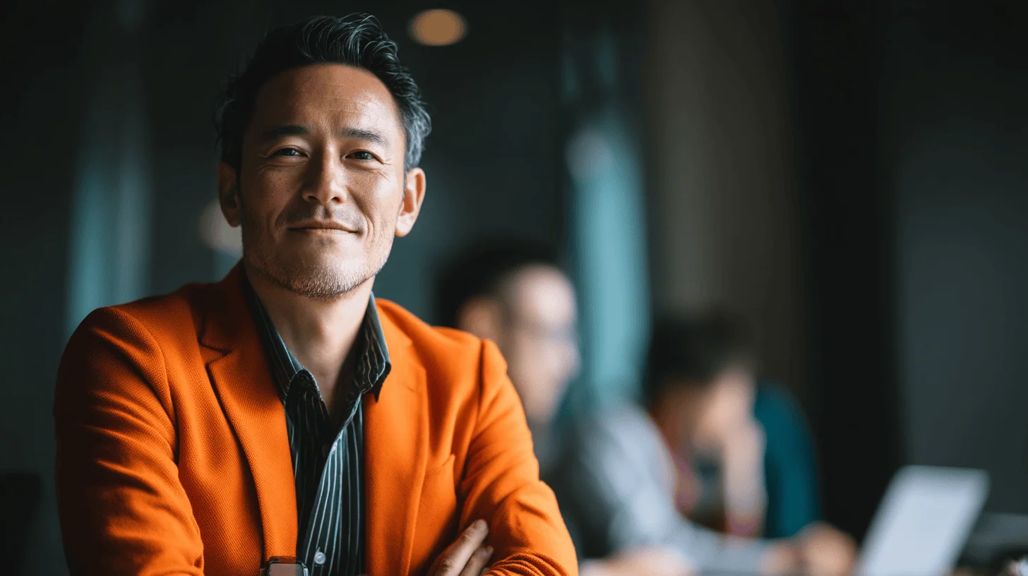 Confident man in orange blazer smiling.