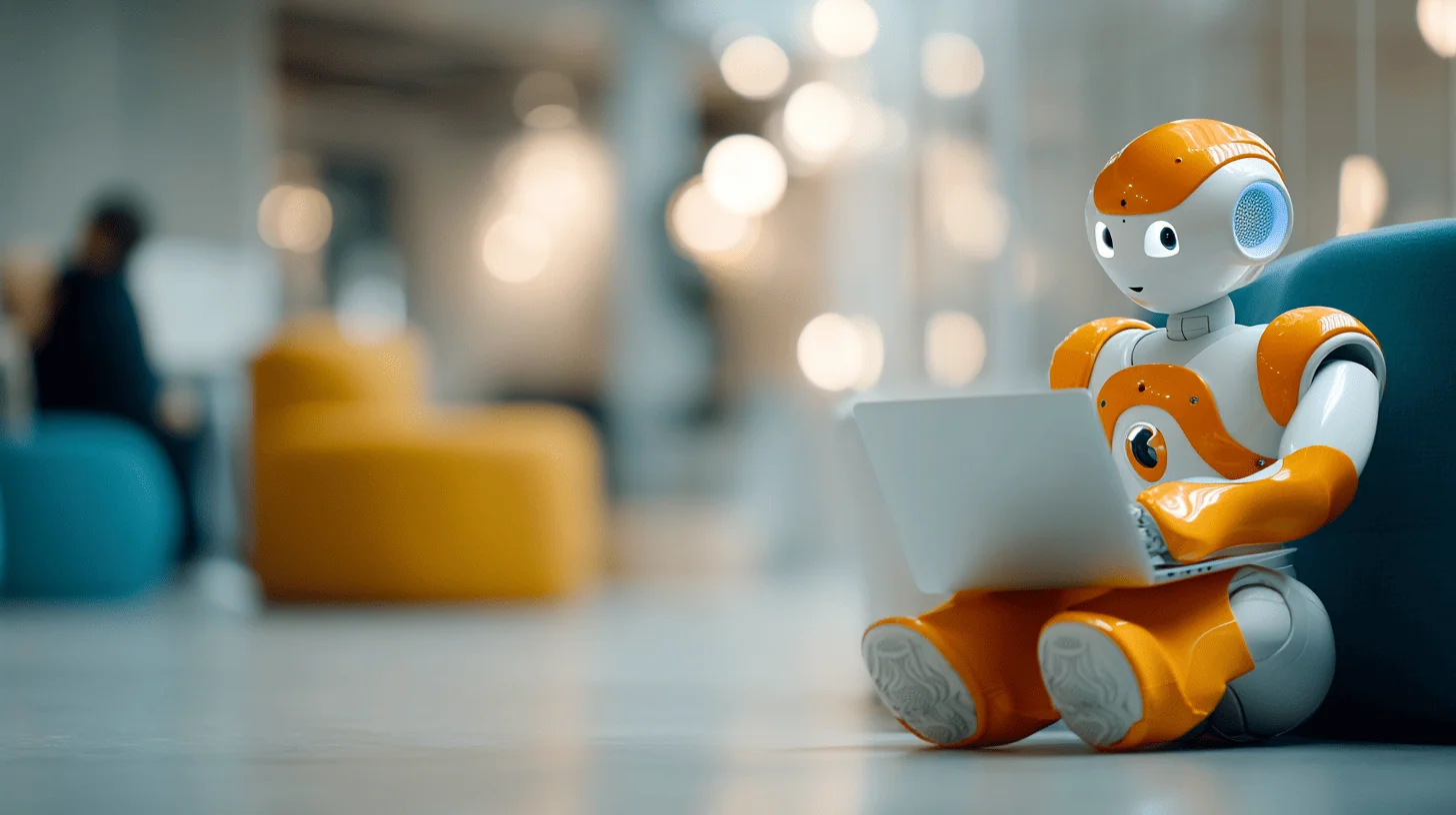 Robot using laptop in modern setting