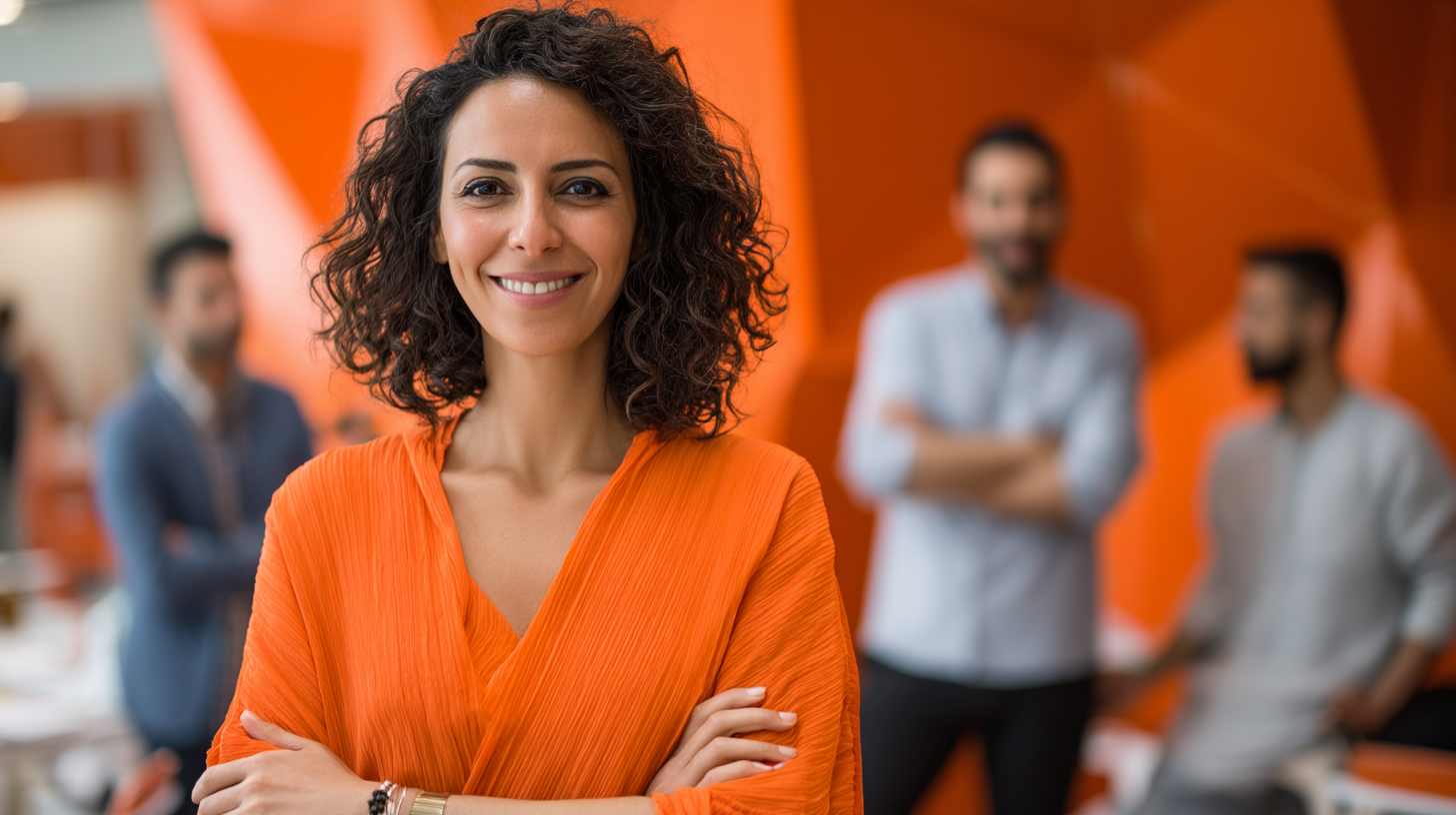 Confident woman in vibrant orange attire.