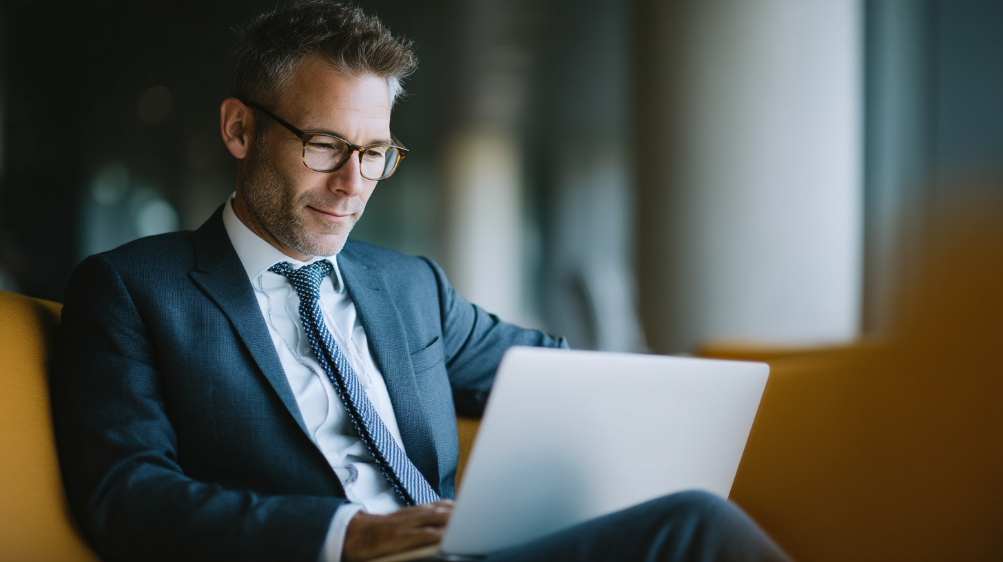 Businessman working on laptop, focused.