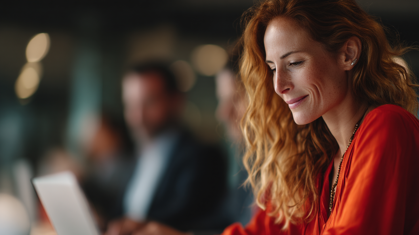 Woman smiling while working on laptop.