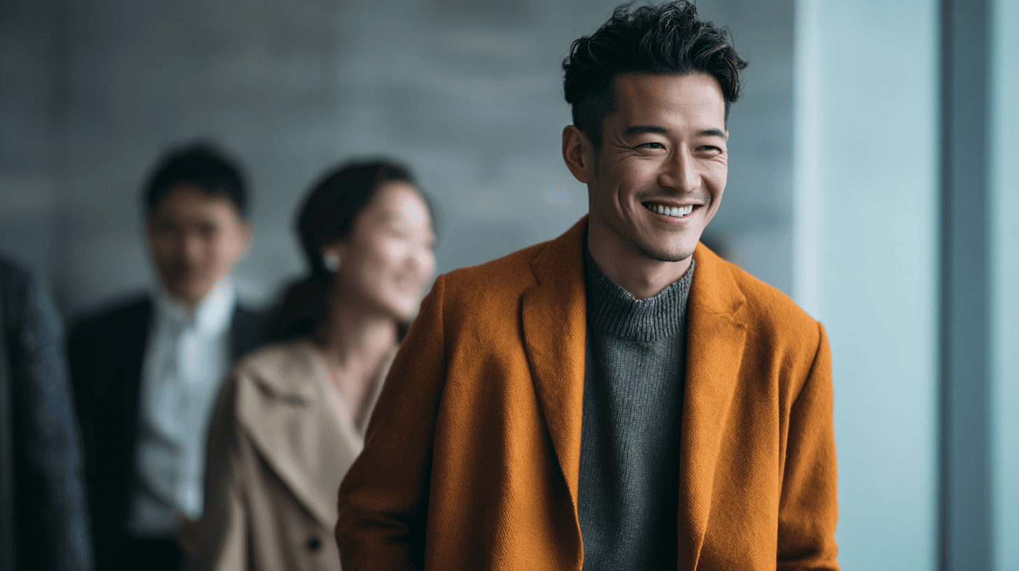 Smiling man in stylish orange coat.