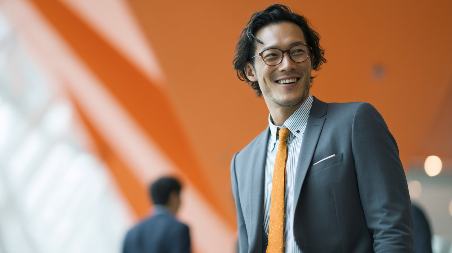 Smiling man in suit with orange tie.