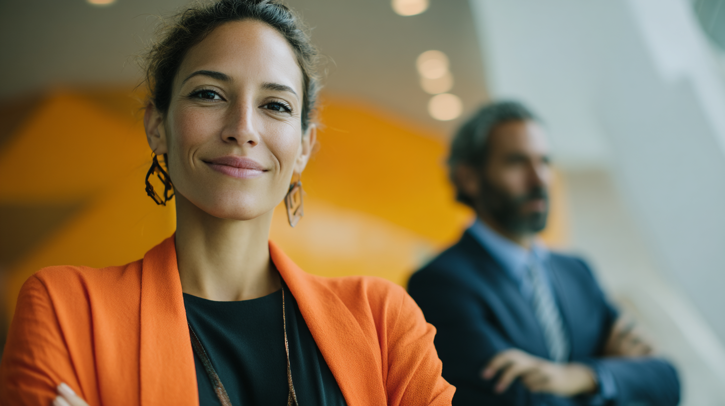 Confident professionals in modern office setting.