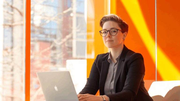 a woman sitting at a desk with a laptop
