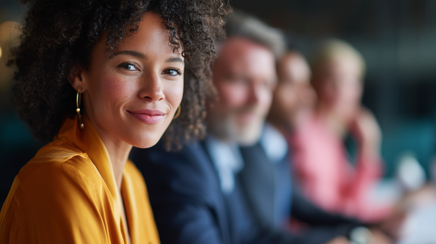 Smiling woman in a meeting setting.