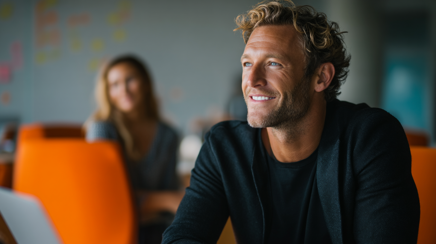 Smiling man in a modern workspace.