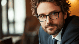 a man wearing glasses and a suit