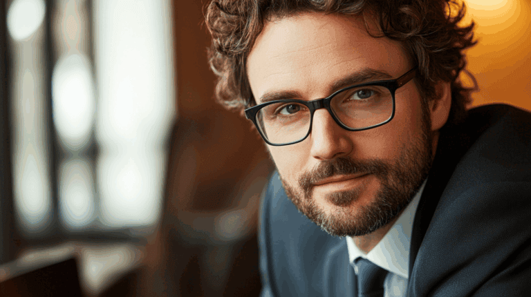 a man wearing glasses and a suit