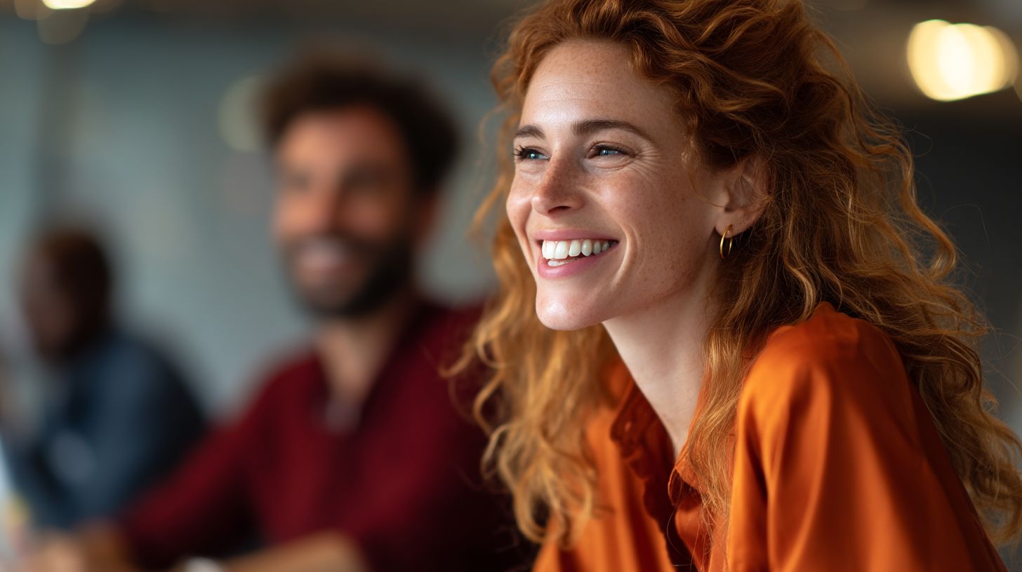 Smiling woman in a meeting setting.